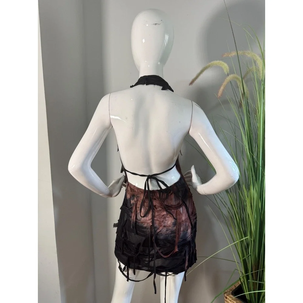 Micas Edgy Sheer Distressed Halter Mini Dress Backless Sexy Brown Black Mesh M‎